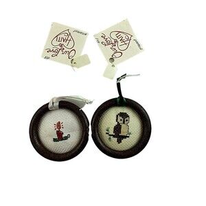 Set 2 Vintage 1968 Christmas Cross Stitch Ornament Owl & Candle Handmade